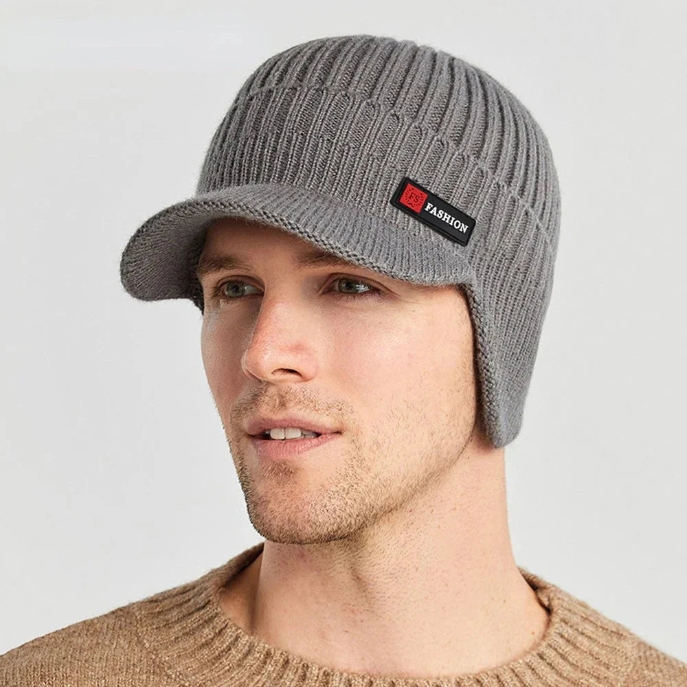 Men’s Winter Knit Hat  Windproof Ear Protection Cap with Visor 