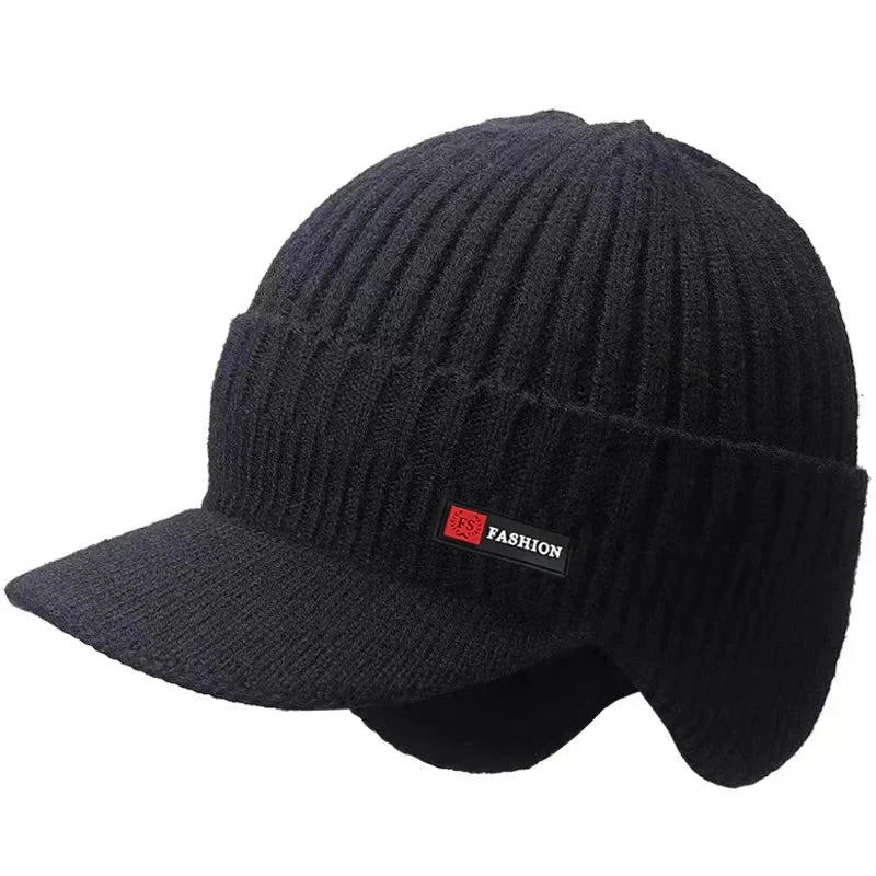Men’s Winter Knit Hat  Windproof Ear Protection Cap with Visor 