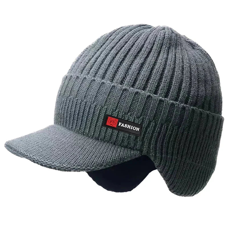 Men’s Winter Knit Hat  Windproof Ear Protection Cap with Visor 